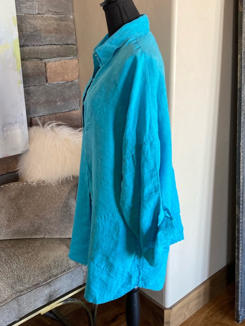 Chico’s Linen Tunic Top Button Down Pockets Breezy Coastal Size 3 - Picture 4 of 8